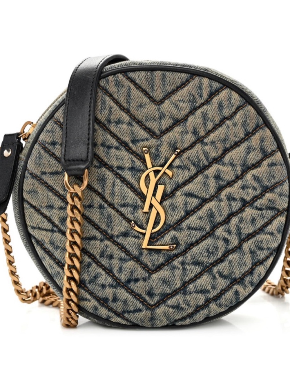 Saint Laurent Denim Chevron Round Crossbody with Gold Hardware
